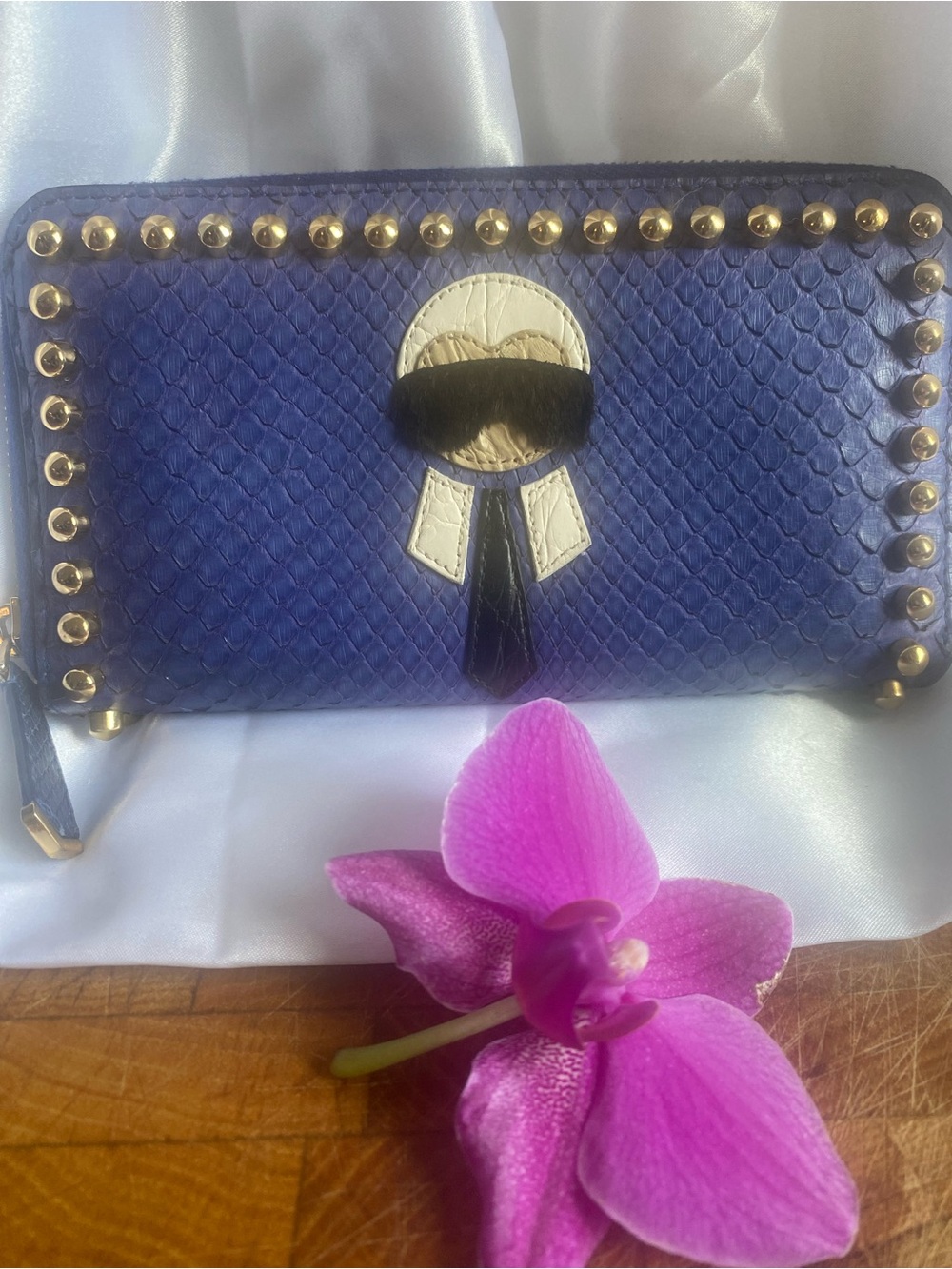 Fendi Navy Blue Studded Zip-Around Wallet with Ivory Accent